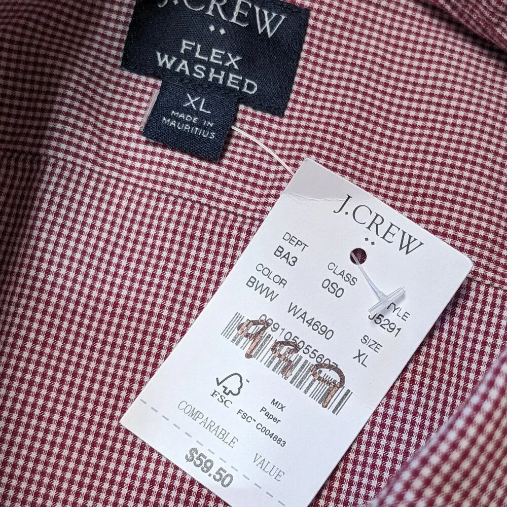 NWT J. Crew Men’s Shirt Red White Gingham Flex Washed Lightweight XL